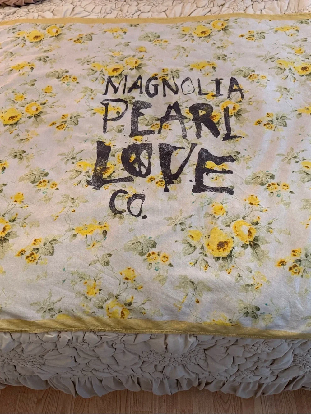 Magnolia Pearl Cream Scarf with Yellow Stripe and Pink Floral Tag - Picture 2 of 3